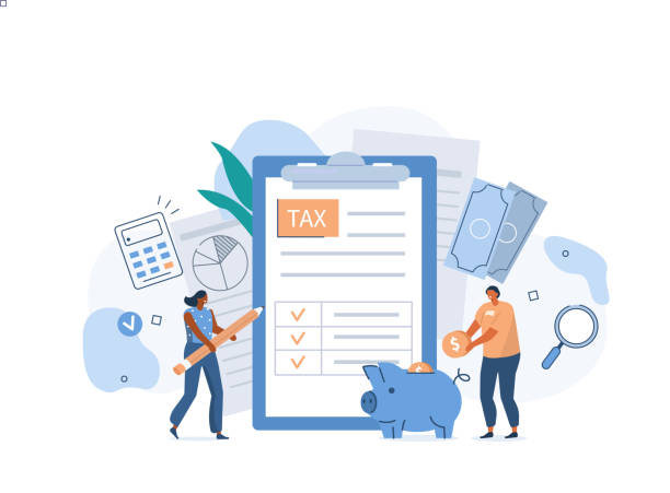 tax People filling Documents for Tax Calculation and making Tax Return. Characters Preparing Finance Report with Graph Charts. Accounting and Financial Management Concept. Flat Cartoon Illustration. tax stock illustrations