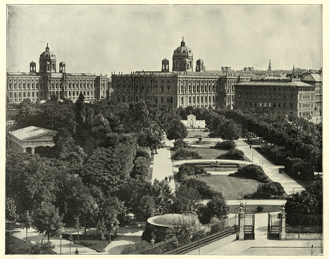 Vintage photograph of Volksgarten and Theseus Temple,  public park in the Innere Stadt first district of Vienna, Austria, 19th Century