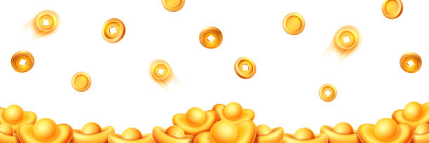 illustrazioni stock, clip art, cartoni animati e icone di tendenza di cadono monete d'oro cinesi e lingotti isolati - token gold coin treasure