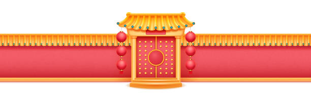 Pagoda China Japan temple with columns, wall roof Temple with columns, lantern and gate with steps, surrounding wall with bamboo roof vector building in Chinese style. China, Korea and Japan architecture, pagoda ancient oriental palace, pavilion temple decor stock illustrations
