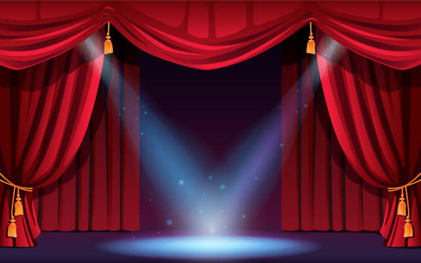 Classic stage with curtains and spotlights. Vector festive scene with lights and projectors. Concert, dance show, performance or music festival, illumination and decorations. Cinema ceremony scene Classic stage with curtains and spotlights. Vector festive scene with lights and projectors. Concert, dance show, performance or music festival, illumination and decorations. Cinema ceremony scene theater industry illustrations stock illustrations