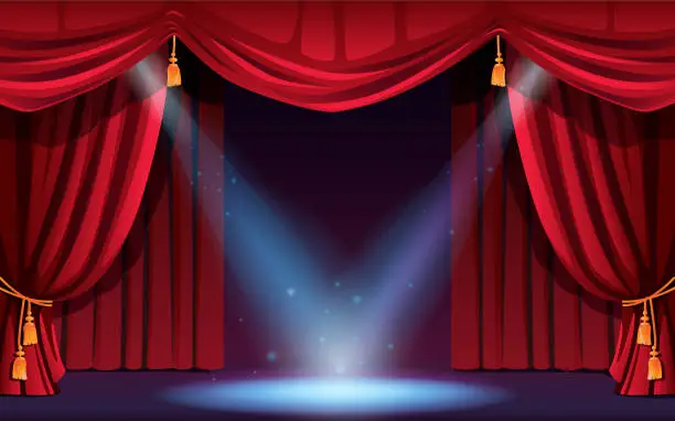Vector illustration of Classic stage with curtains and spotlights. Vector festive scene with lights and projectors. Concert, dance show, performance or music festival, illumination and decorations. Cinema ceremony scene