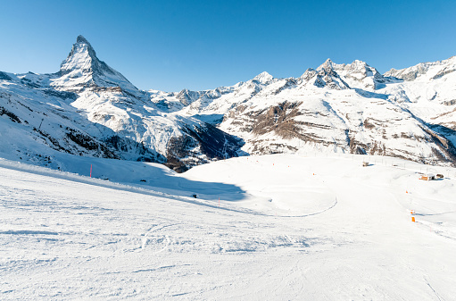 Perfect skiing conditions and an empty ski slope ahead at Zermatt in Switzerland.
