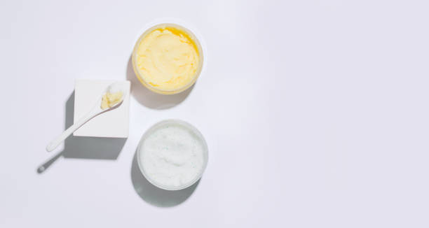 istock Cosmetics geometry. Body scrub on a white background. View from above. Copy space. Banner 1283528277