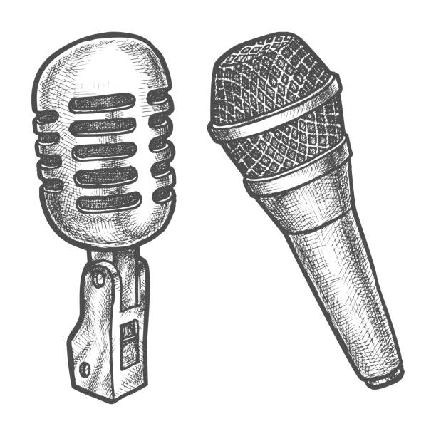 Microphone sketch vector, voice and sound karaoke Microphone sketch, modern and retro sound equipment, vector pencil hatching design, isolated on white background. Hand drawn microphones icons for karaoke, radio and recording studio recording studio illustrations stock illustrations