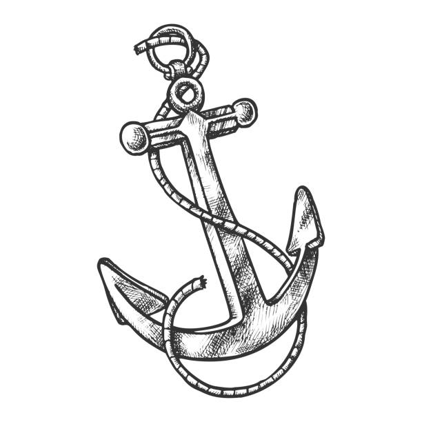 ilustraciones, imágenes clip art, dibujos animados e iconos de stock de boceto de ancla vintage con cuerda. anclaje - anchor harbor vector symbol