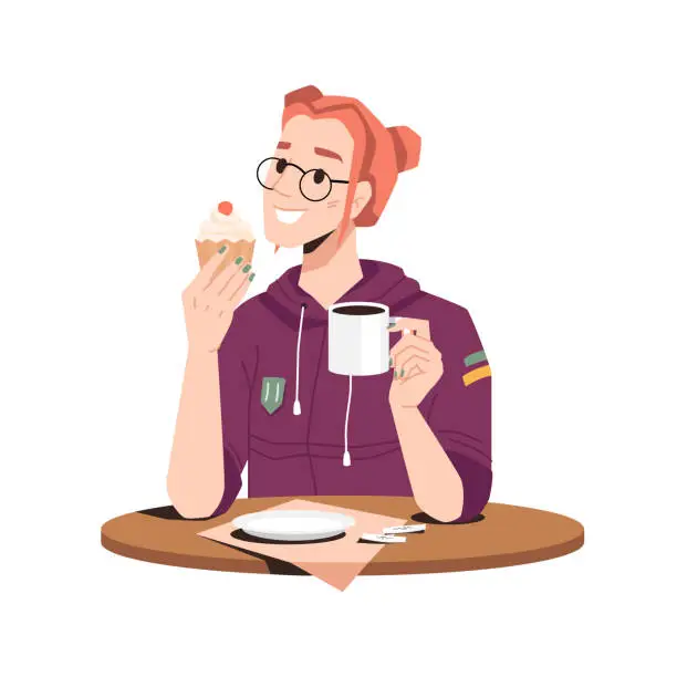 Vector illustration of Smiling woman enjoys bakery cake with tea, coffee or cocoa isolated girl in glasses at table. Vector lady in hoodie drinking hot beverage, lunchtime. Fresh cupcake at female hands in cafe restaurant