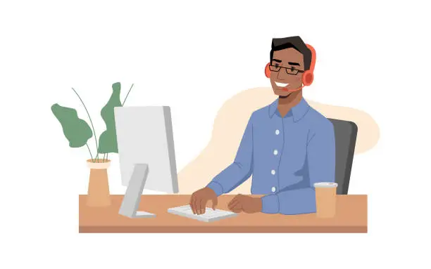 Vector illustration of Call center, afro american guy operator smiles in headphones with microphone and type on keyboard. Vector online customer service support center, worker sitting at table and communicating via computer