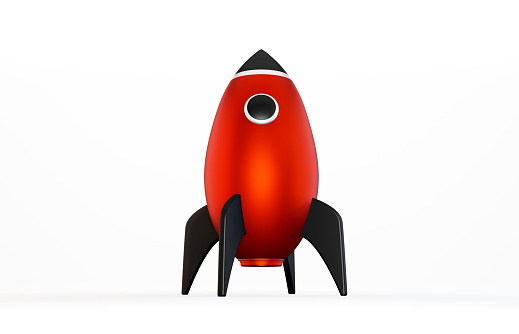 3D Metallic Red Rocket On White Background. Horizontal composition with copy space.