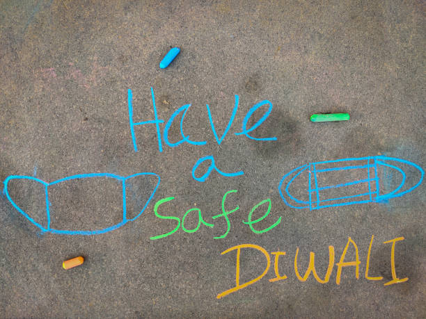 istock The inscription text on the grey board,Have a safe diwali with surgical mask. Using color chalk pieces. 1283530152