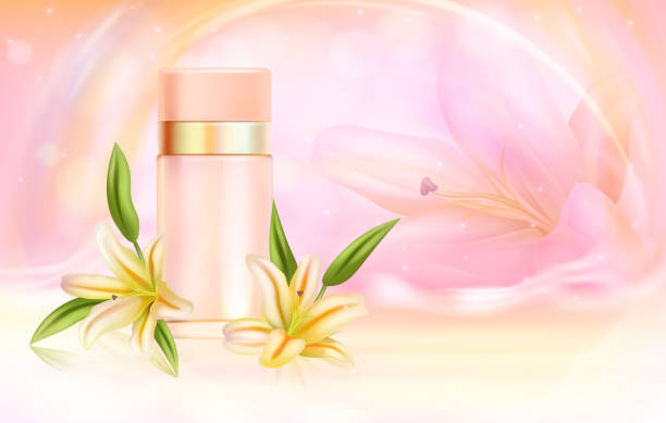 istock Lily perfume cosmetics vector illustration, realistic aroma perfume spray bottle and natural lily flowers, skincare lotus perfumed fragrance background 1283530694
