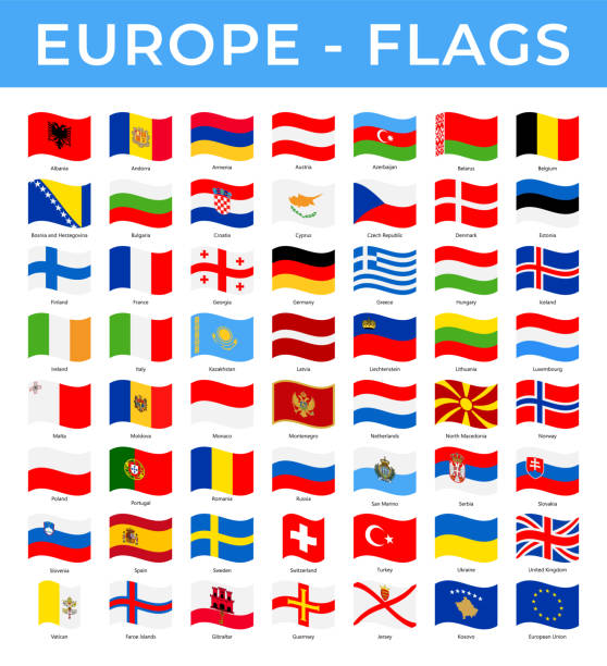 illustrazioni stock, clip art, cartoni animati e icone di tendenza di bandiere del mondo - europa - icone piatte onda rettangolo vettoriale - european culture europe national flag flag