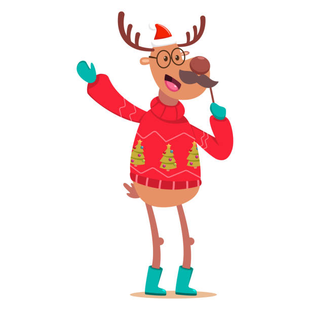 Cute Reindeer in an ugly Christmas sweater with a mustache party photo props. Vector cartoon funny deer character isolated on a white background. Reindeer in ugly Christmas sweater vector character. ugly cartoon characters stock illustrations
