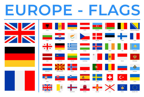 illustrazioni stock, clip art, cartoni animati e icone di tendenza di bandiere del mondo - europa - icone piatte del rettangolo vettoriale - all european flags