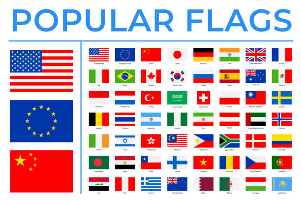 ilustraciones, imágenes clip art, dibujos animados e iconos de stock de banderas del mundo - iconos planos de rectángulo vectorial - iconos planos más populares - spain
