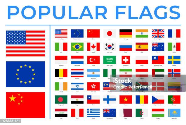 Мировые Флаги Векторный Прямоугольник Плоские Иконки Самые Популярные — стоковая векторная графика и другие изображения на тему Флаг