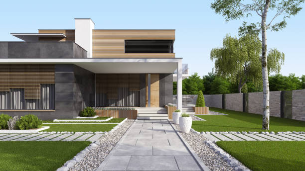istock Luxurious beautiful modern villa with front yard garden 1283531848