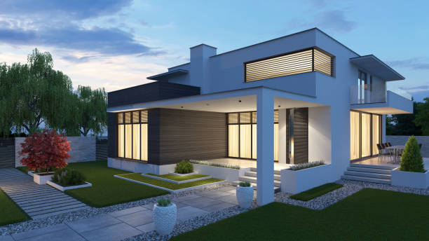 istock Luxurious beautiful modern villa with front yard garden at sunset. 1283532080