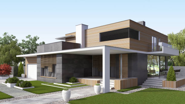 istock Luxurious beautiful modern villa with front yard garden 1283532142
