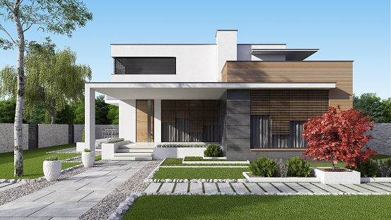 3d rendering of luxurious and modern house with pool and large patio. Digital image of luxury house.