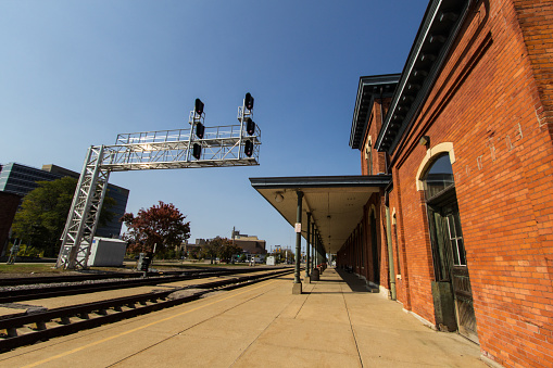 Historic train station depot and tracks with diminishing perspective.
