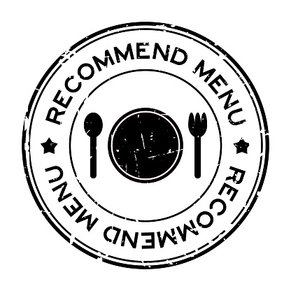 Grunge black recommended menu word with dish, spoon and fork icon rubber seal stamp on white background