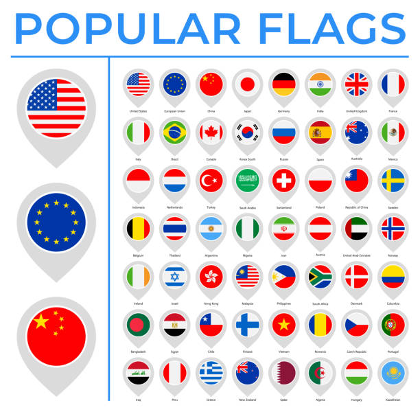 世界の旗 - ベクトルラウンドピンフラットアイコン - 最も人気 - 日本　スペイン点のイラスト素材／クリップアート素材／マンガ素材／アイコン素材