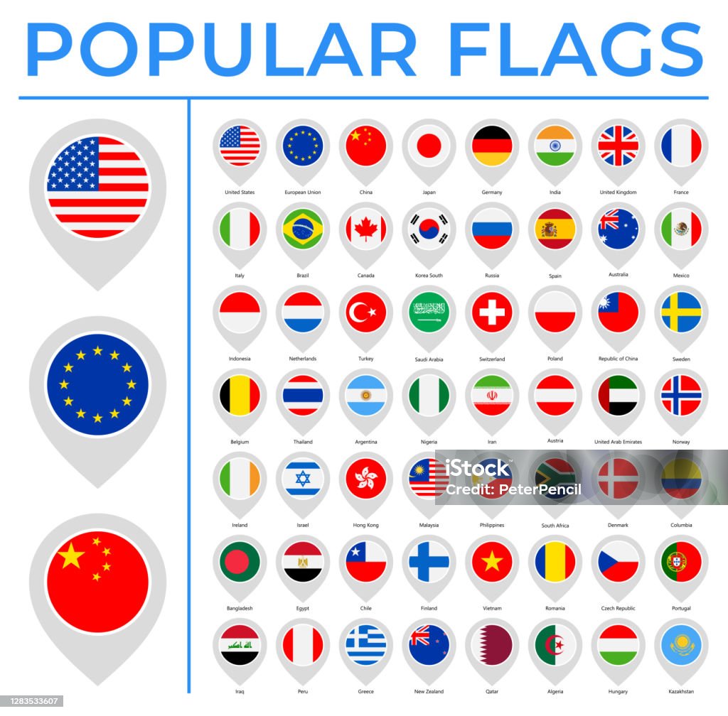 Мировые флаги - Вектор Круглый Pin Плоские иконки - Самые популярные - Векторная графика Флаг роялти-фри