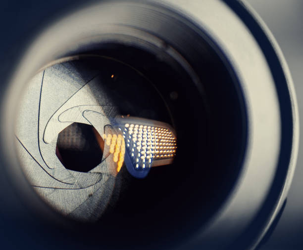 istock Front lens of the lens with reflection and aperture. 1283535030