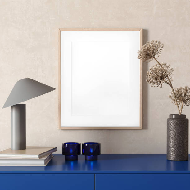 istock 3d render of a modern interior with wooden frame and a blue sideboard 1283536462