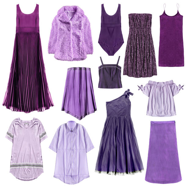 Purple clothing isolated Collection of purple woman's clothing on white background maxi length stock pictures, royalty-free photos & images