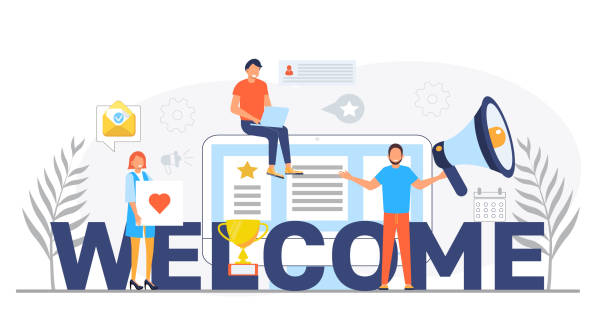 Welcome concept flat vector foe website. Happy tiny people are near huge text. Cartoon office teamwork and are greeting clients in online office, shop Welcome concept flat vector foe website. Happy tiny people are near huge text. Cartoon office teamwork and are greeting clients in online office, shop, co-working. welcome sign stock illustrations