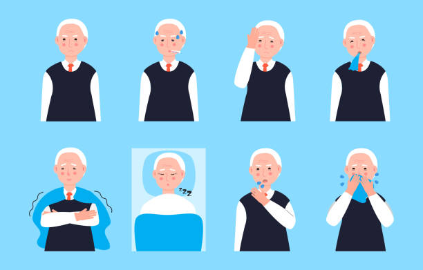 Sick old man coughing, sneezing. Set senior vector of cold, flu, sore throat, measles. Illustrations of fever, allergy, headache, vomiting are isolated on blue background Sick old man coughing, sneezing. Set senior vector of cold, flu, sore throat, measles. Illustrations of fever, allergy, headache, vomiting are isolated on blue background in cartoon style. measles illustrations stock illustrations