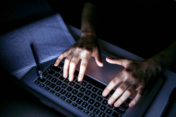 istock Business Person Working At Home At Night, Doing Homework At Night, Computer Research And Take 1283538263