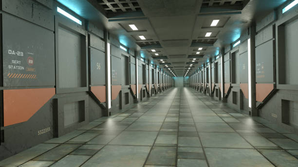 istock 3d render. Futuristic hallway. Concept of modern architecture and interior spaceship 1283541370