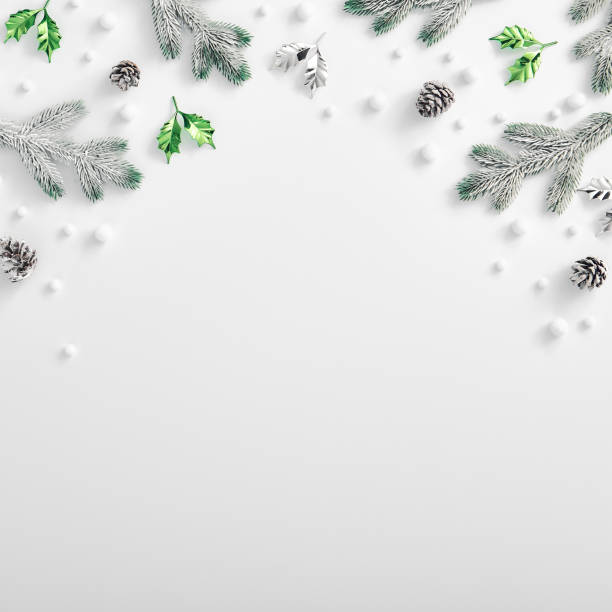 istock Evergreen tree branch with snow and pine cones. Square composition, flat lay, top view. Snow forest creative minimal layout. Text space 1283542619