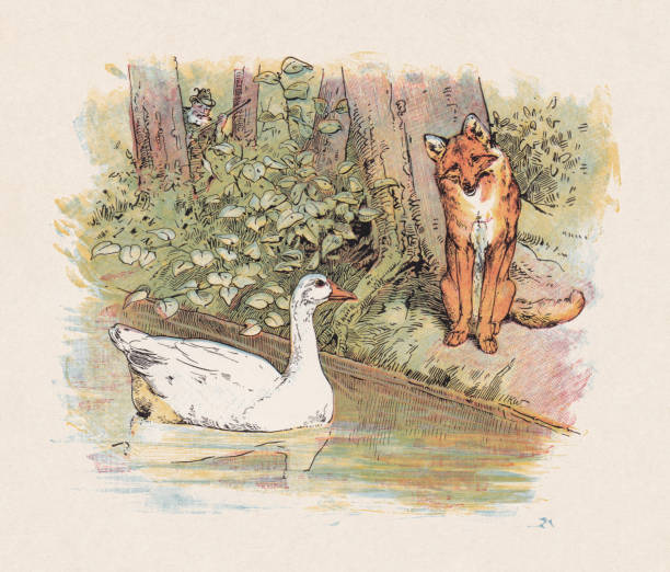 Fox and goose, color woodcut, published in 1897 Fox and goose. Color woodcut after a drawing by Karl Wagner (German painter), published in 1897. two men hunting stock illustrations