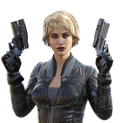 futuristic soldier in a black dress, woman with guns, 3d illustration