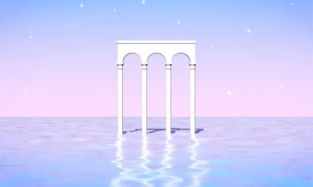 Vector illustration of Aesthetic landscape with colonnade of white pillars in surreal sea. 90s or 80s styled vaporwave background with pastel pink and blue sunset colors. Vector illustration