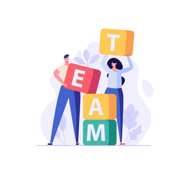 illustrations, cliparts, dessins animés et icônes de les gens debout avec des oursons où écrire le mot team. concept de teambuilding, travail d’équipe réussi, corporatisme, flux de travail, remue-méninges, s’entraider. illustration vectorielle dans la conception plate - capitaine déquipe