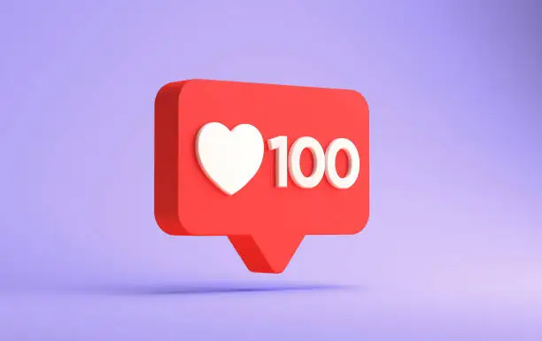 Photo of 3d rendering of social media hundred likes notification isolated on a purple background
