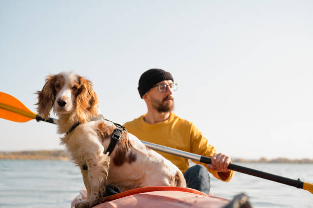 Man with a dog in a canoe on the lake. Young male person with spaniel in a kayak row boat, active free time with pets, companionship, adventure dogs hipster dog stock pictures, royalty-free photos & images