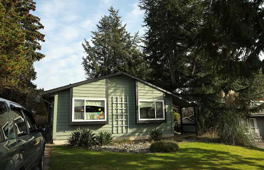 A green one-level rancher with three bedrooms. Front view with front lawn. Autumn afternoon. Colorful paper hearts decorate the kitchen window to honor front-line workers during COVID-19 in 2020.