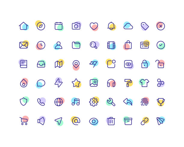 54 Big Collection Of Web User Interface Line Color Icons 54 Big collection of web user interface line color vector icons with color circle backgrounds. icon set stock illustrations