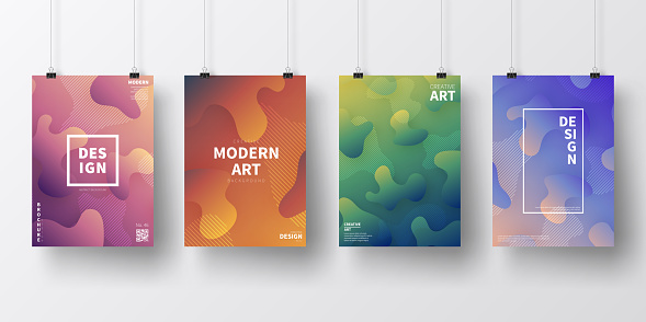 Four realistic posters in vertical position with modern and trendy backgrounds, isolated on white wall. Abstract colorful illustrations with fluid, liquid, 3d shapes and beautiful color gradients (colors used: Red, Purple, Pink, Orange, Green, Brown, Blue, Black, Beige, Yellow). Template for your own design, with space for your text. The layers are named to facilitate your customization. Vector Illustration (EPS10, well layered and grouped), wide format (2:1). Easy to edit, manipulate, resize and colorize.