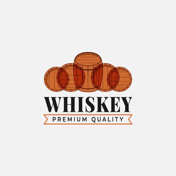 Whiskey with whiskey barrels on white background Whiskey with whiskey barrels on white background 10 eps bourbon barrel stock illustrations