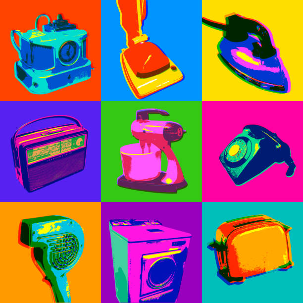 Retro Domestic Appliances Posterised or Pop Art styled Retro Domestic Appliances, domestic, kitchen, household, living, convenience, appliance, retro 1950s kitchen stock illustrations