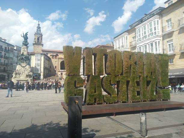 Image of one of the icons of the city of Vitoria, the letter with the name of the city, that are placed in the city center of Vitoria, in the Plaza de la Virgen Blanca square. The image was taken on May 2019.