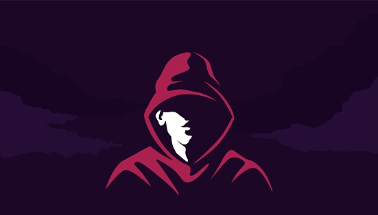Mystical silhouette of acharacter in hoodie . Mysterious cyber hacker red sweatshirt in twilight criminal rapper with scornful smile criminal city districts and vector gangs.