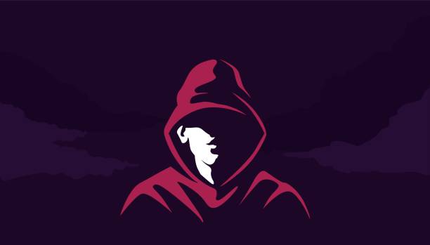 Mystical silhouette of acharacter in hoodie . Mysterious cyber hacker red sweatshirt in twilight. Mystical silhouette of acharacter in hoodie . Mysterious cyber hacker red sweatshirt in twilight criminal rapper with scornful smile criminal city districts and vector gangs. gang stock illustrations